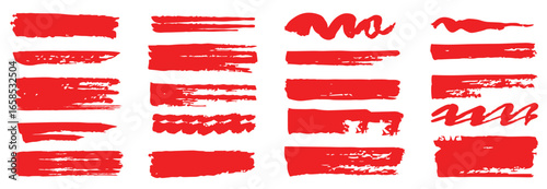 Brush texture red stroke underline highlight. Marker red pen highlight stroke. Vector hand drawn brush underline element set for accent, crayon texture emphasis effect. Chalk vector stock