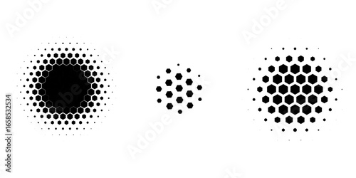 Set of dotted abstract shapes. Hexagonal halftone pattern. Half tone design elements in geometric tech style for logo, banner, web page, print, poster, business cards and template. Vector