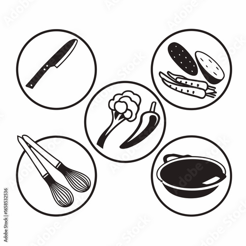 Illustration of cooking utensils and vegetables in a circular frame isolated on white background