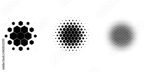 Set of dotted abstract shapes. Hexagonal halftone pattern. Half tone design elements in geometric tech style for logo, banner, web page, print, poster, business cards and template. Vector