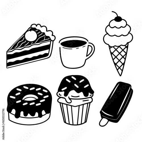 Illustration of various sweet desserts and coffee isolated on white background, including cake, ice cream, and donut