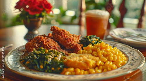 Soul food plate with fried chicken, collard greens, mac and cheese, and cornbread on a southern kitchen table.