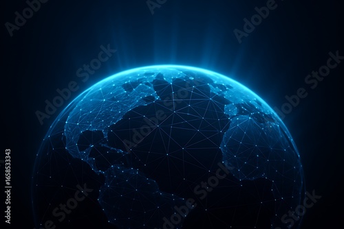 Futuristic digital earth with glowing network connections holographic blue global map representing artificial intelligence cyber communication data visualization innovation 