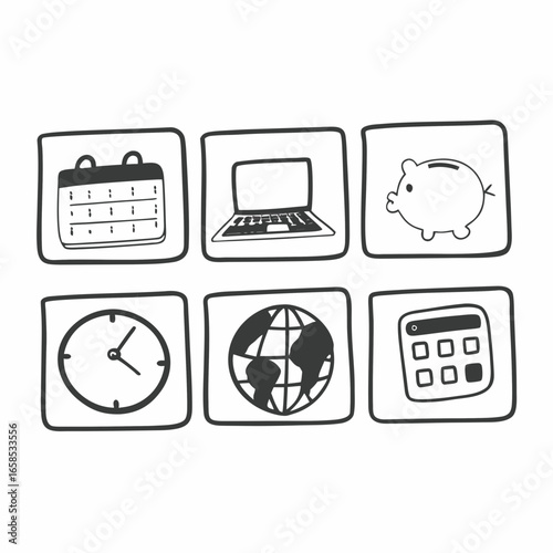 Illustration of calendar, laptop, piggy bank, clock, globe, and calculator icons isolated on white background