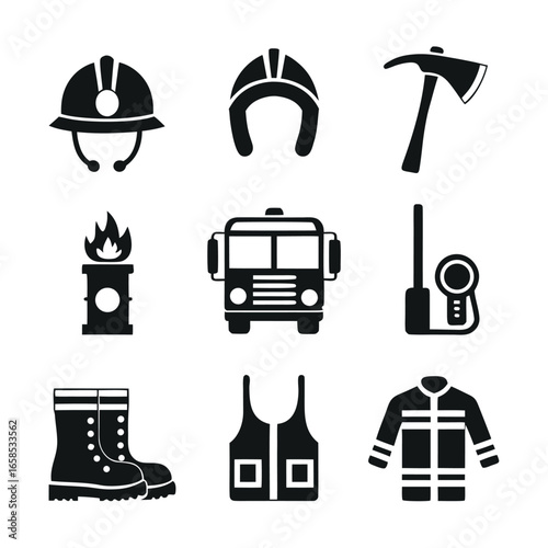 Firefighter equipment and safety gear icons including helmet truck axe boots jacket vest and torch