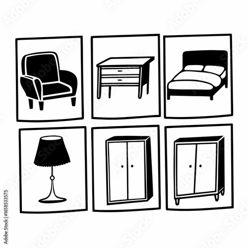 Illustration of furniture set isolated on white background, including bed, chair, table and wardrobe