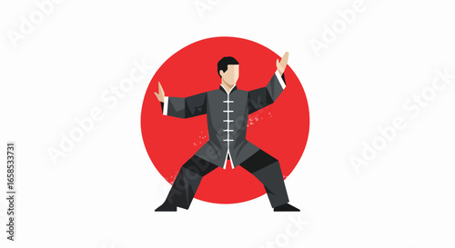 Man in Tai Chi Pose with Red Circle Background.