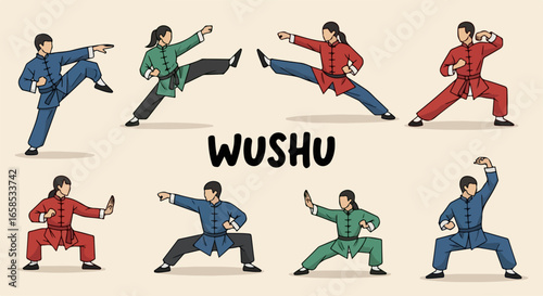 Diverse Wu Shu Practitioners in Various Fighting Stances.