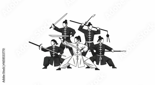 Five Martial Artists Practicing Wushu with Swords and Staffs.