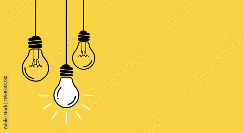 Hand-drawn hanging light bulbs with one glowing, symbolizing a bright idea and innovation.