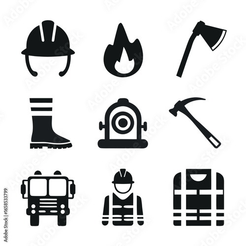 Firefighter equipment icons including helmet boot axe hydrant truck and uniform flame