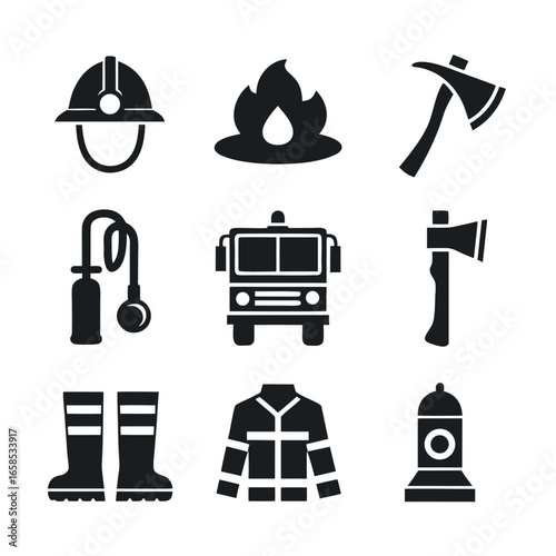 Firefighter equipment icons including helmet fire axe boots truck jacket and hydrant vector