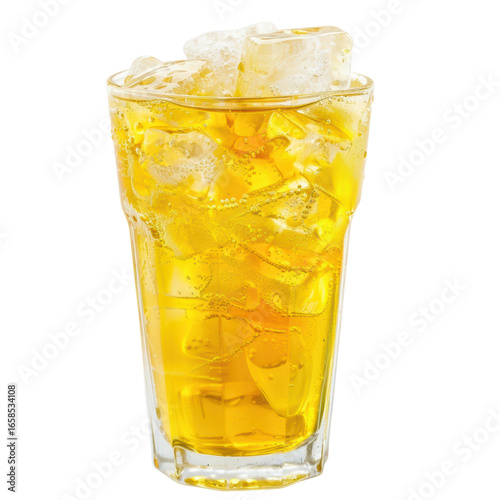Refreshing yellow beverage with ice cubes, bubbles, and condensation
