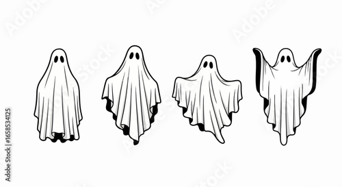A set of four classic sheet ghosts in different spooky poses, black and white line art illustration.