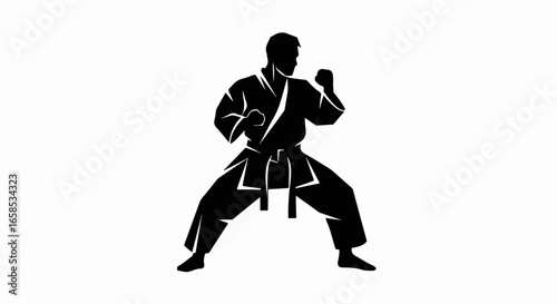 Karate Stance Silhouette - Martial Artist in Gi Ready to Fight.
