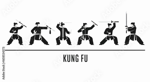 Silhouettes of Kung Fu Practitioners in Various Combat Stances.