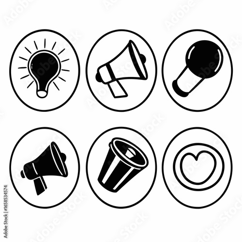 Set of hand drawn marketing and communication icons isolated on white background in circles