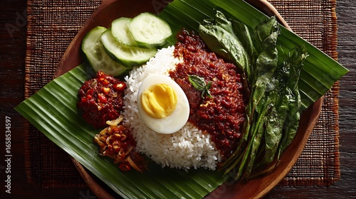 Foto Malaysian nasi lemak coconut rice sambal boiled egg banana leaf serving