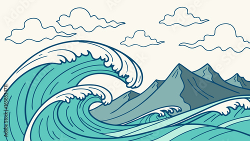 : Vector Ocean Waves and Mountain Peaks Under Sky 