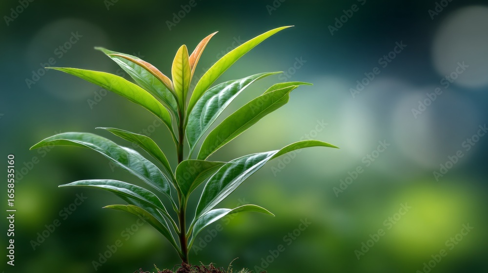 Obraz premium Lush green plant growing against a blurred nature backdrop in a serene setting