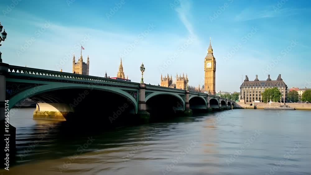 London, United Kingdom. Aerial view of Big Ben and Houses of Parliament from Westminster Bridge, London, United Kingdom, during daylight. London, United Kingdom. Aerial view of Big Ben and Houses of Parliament from Westminster Bridge, London, United Kingdom, during daylight.