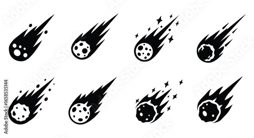 Eight black and white meteor and comet icons in various stages of flight
