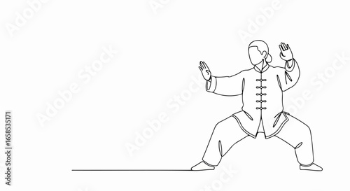 Continuous Line Drawing of a Person Practicing Tai Chi Chuan.