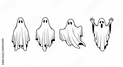 Four Spooky Halloween Ghosts with Different Poses and Expressions.