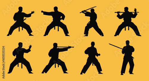 Set of black martial artist silhouettes in various dynamic fighting poses and stances with a bo staff.
