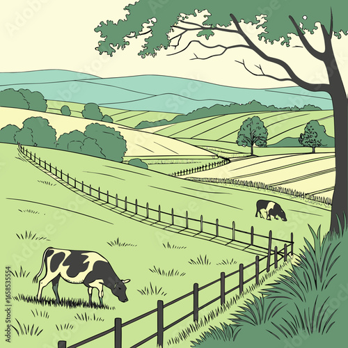Cows grazing in a lush green pasture with a fence and rolling hills