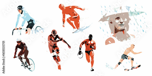 Stylized illustration of athletes engaged in various sports activities on a white background
