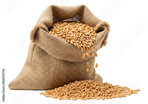 Sack of Wheat Grains Spilling on White
