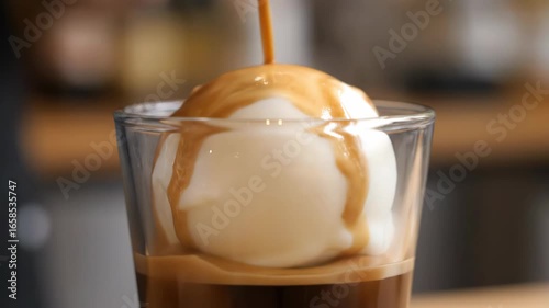 Affogato Dessert with Hot Espresso Pouring Over Vanilla Ice Cream in Glass Cup 4K UHD