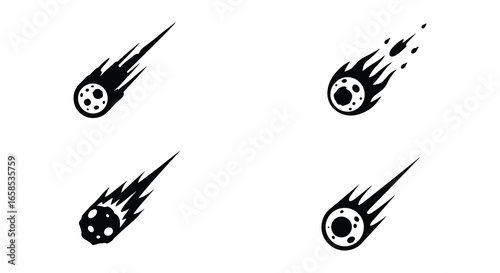 Four black and white comet icons with flames and stars in different orientations