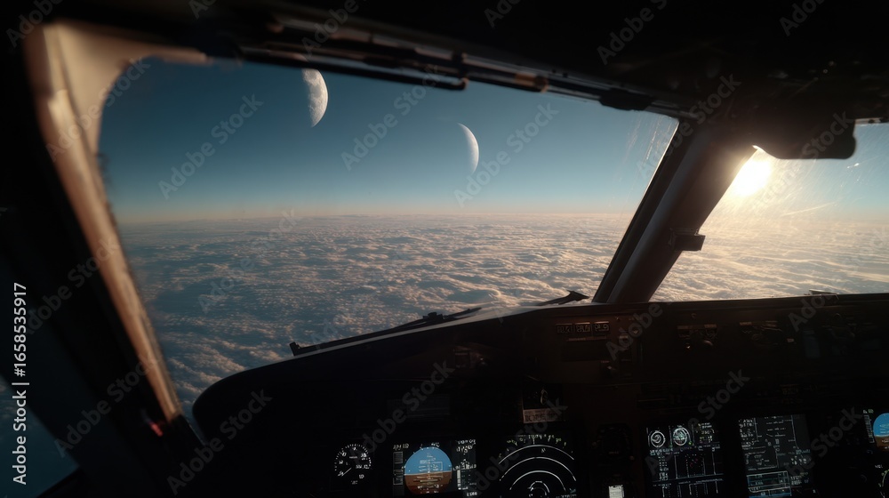 Naklejka premium Medium shot through cockpit window showing keyflight instruments of electric ambulance aircraft moon crater shadows and surface textures softly blurred outside.