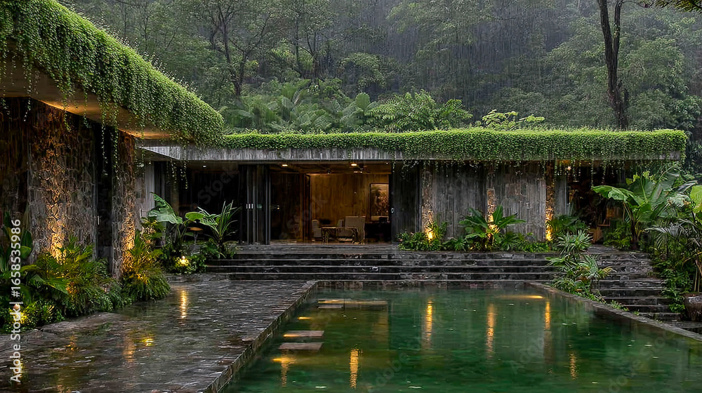 Obraz premium Luxusvilla im Tropenstil: Sichtbeton und Naturstein mit viel Glas, üppige Bepflanzung, Hängegrün und Naturpool mit Wasserfall. Abendliche Beleuchtung, ruhige Resort-Atmosphäre – modernes biophiles Des
