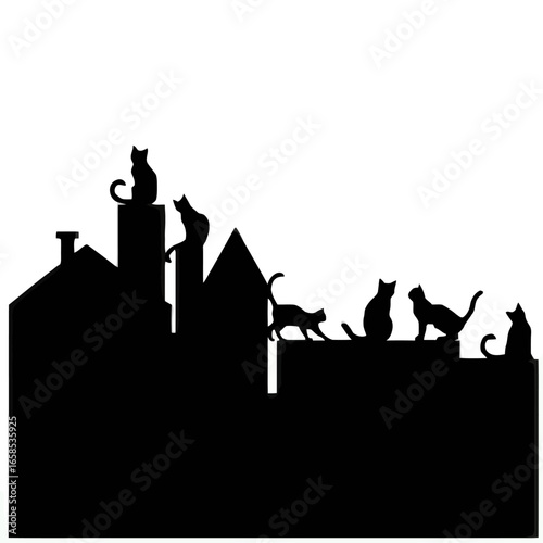 A minimalist black silhouette illustration of several domestic cats sitting and walking on the rooftops of an urban city skyline.