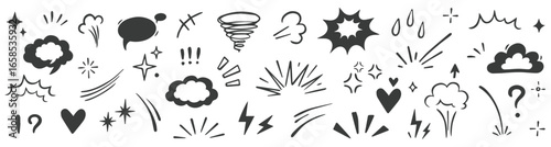 Comic cartoon effect smoke, boom element set. Comic speech bubble, boom burst, explosive smoke, line speed cartoon vector icon. Hand drawn sketch doodle speed element, splash. Vector stock 