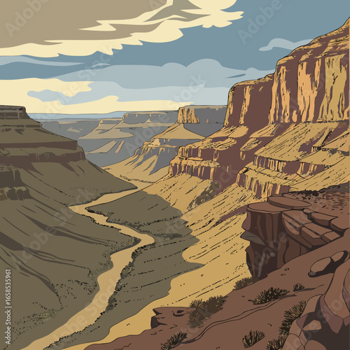 Grand canyon vista with river winding through the majestic rock formations
