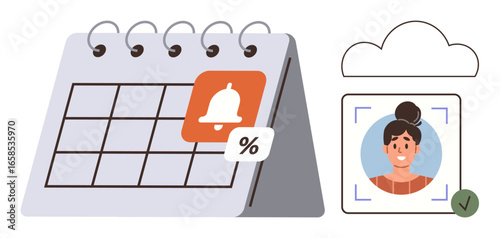 Calendar with reminder alert, percentage icon, and profile photo in cloud storage. Ideal for scheduling, productivity, deadlines, cloud storage, notifications, personal organization task tracking