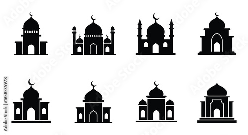 Eight black silhouettes of mosques with domes and minarets on white background