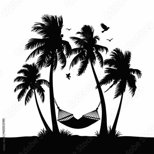 Clean black silhouette illustration of a tropical paradise with palm trees, a hammock, and flying birds.