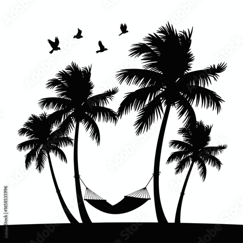Idyllic tropical island scene featuring black silhouettes of palm trees, a relaxing hammock, and flying birds