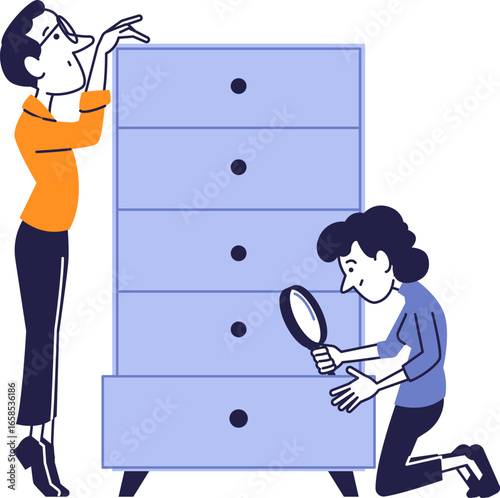 Two people look for a missing item at home, inspecting drawers with a magnifying glass. Concept of search, investigation, and organizing belongings.