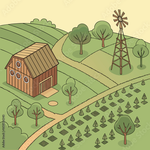 Hand drawn farm landscape with barn and windmill on a green field