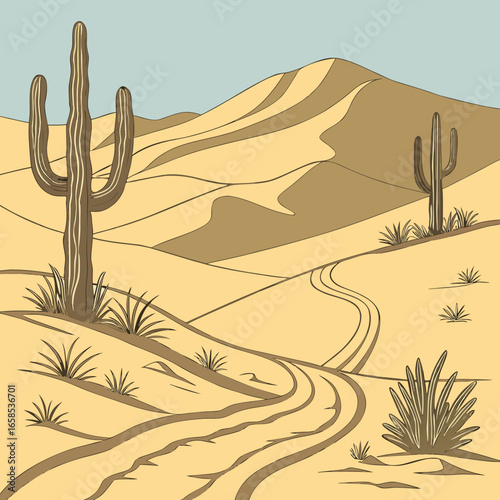 Illustration of a desert landscape with sand dunes, cacti, and a winding dirt road