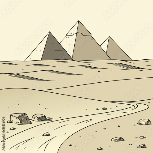 Illustration of the pyramids of giza in the desert landscape of egypt