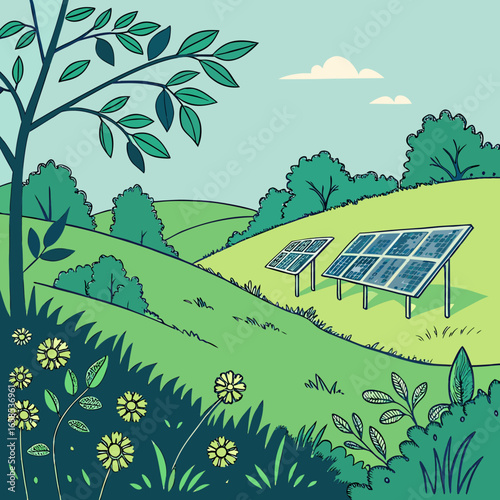 Illustration of solar panels in a green field generating renewable energy
