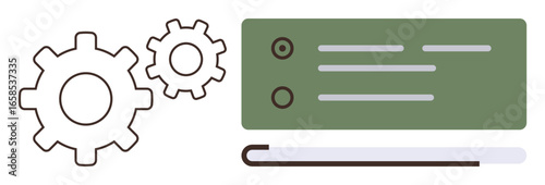 Gears represent operations and task execution alongside a checklist for planning or organization. Ideal for productivity, teamwork, project management, workflows, optimization, efficiency, simple