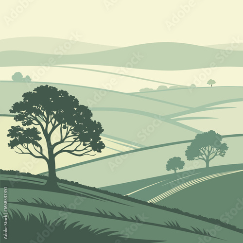 Rolling hills and trees in a green countryside landscape with a road